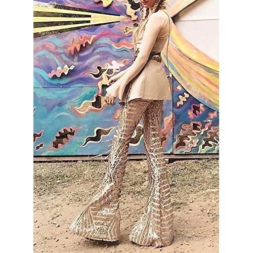 Bdcoco Womens High Waist Sequin Sparkle Flared Pants Wide Leg Bell Bottom Trousers