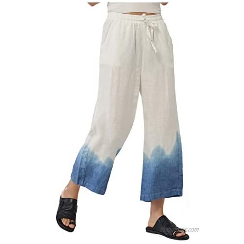 Ecupper Womens Casual Loose 100 Linen Elastic Wasit Ankle Pants Plus Size Cropped Trouses