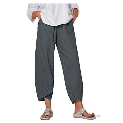 KLFGJ Women Plus Size Elastic Girdle Waist Pants Wide Leg Boho Harem Cropped Pants Summer Casual Loose Trousers S-5XL
