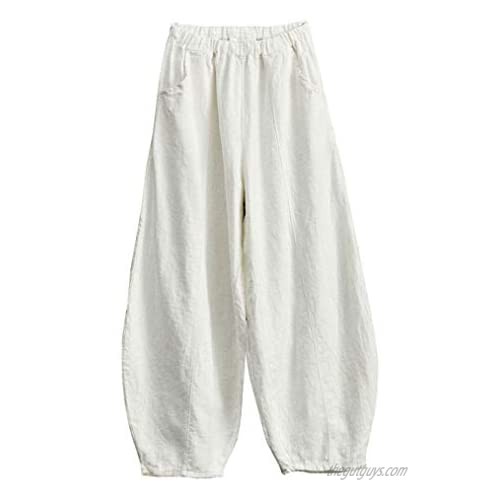 Soojun Women's Cotton Linen Baggy Pull On Harem Pants with Pockets