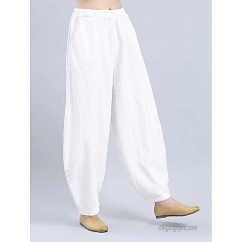 Soojun Women's Cotton Linen Baggy Pull On Harem Pants with Pockets