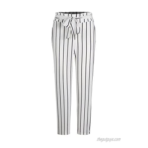 TRENDINAO Women's Slim Chinos Pants Lady Fashion Striped Tie Waist Tapered Peg Trousers
