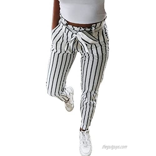 TRENDINAO Women's Slim Chinos Pants  Lady Fashion Striped Tie Waist Tapered Peg Trousers