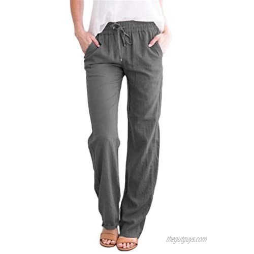 Womens Casual Loose Linen Pant Elastic Wasit Ankle Pants Cotton Cropped Trouses with Pockets (Medium Dark gray)
