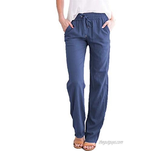 Women's Linen Pants Elastic Wasit Lightweight Pants Cotton Casual Drawstring Tapered Pant Drawstring Pants with Pockets (Large Blue)