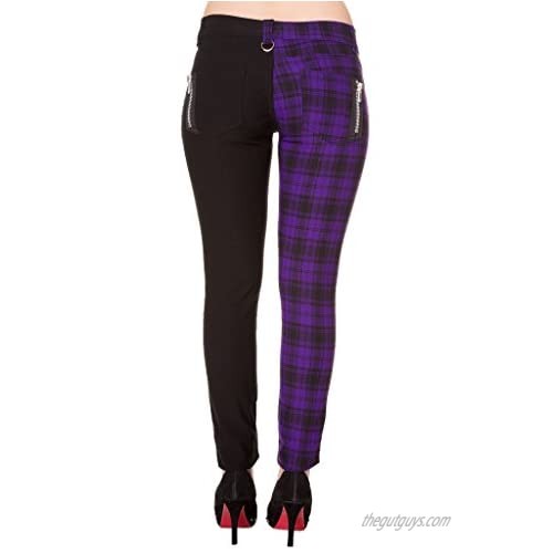 Womens Purple Half Tartan Plaid Check Emo Punk Split Leg Skinny Trousers