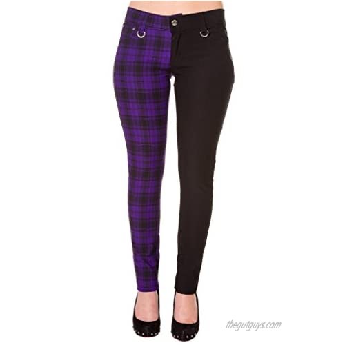 Womens Purple Half Tartan Plaid Check Emo Punk Split Leg Skinny Trousers