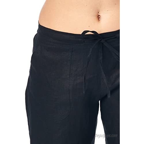 Mariyaab Women's Wide Leg Casual 100% Linen Capri Pants with Drawstring and Leg tie