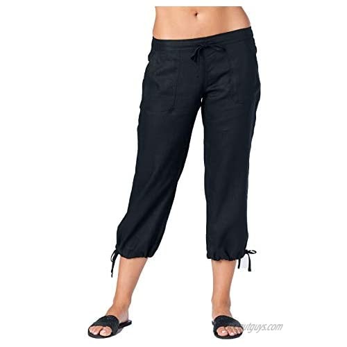 Mariyaab Women's Wide Leg Casual 100% Linen Capri Pants with Drawstring and Leg tie