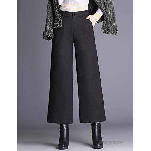 Tanming Women's Casual High Waist Trousers Wool Blend Cropped Wide Leg Pants