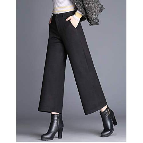 Tanming Women's Casual High Waist Trousers Wool Blend Cropped Wide Leg Pants