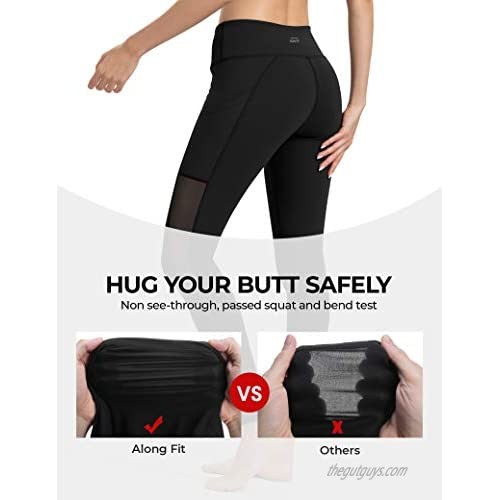 ALONG FIT Women's Mesh Yoga Leggings with Side Pockets Tummy Control Workout Running Capris High Waist Yoga Pants