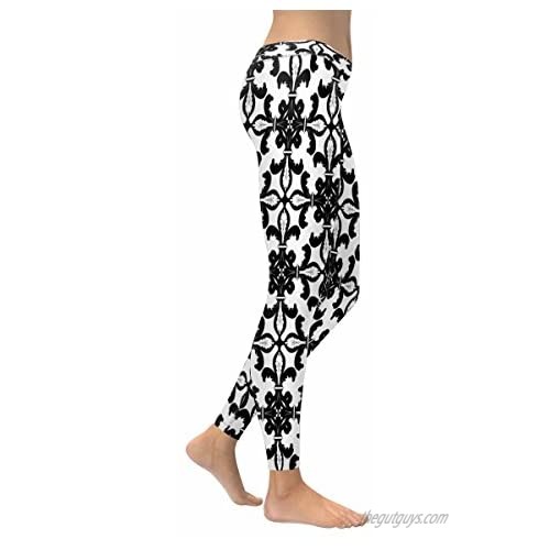 InterestPrint Damask Fleur De Lis Floral Stretchy Capri Leggings Skinny Yoga Running Pants for Women 2XS-5XL