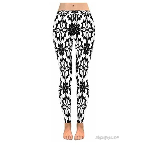 InterestPrint Damask Fleur De Lis Floral Stretchy Capri Leggings Skinny Yoga Running Pants for Women 2XS-5XL