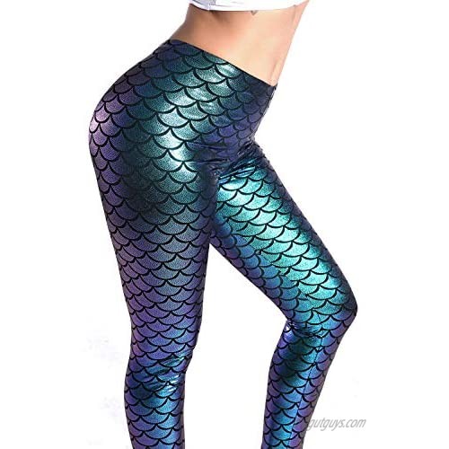 Nihoe Womens Shiny Fish Scale Mermaid Leggings
