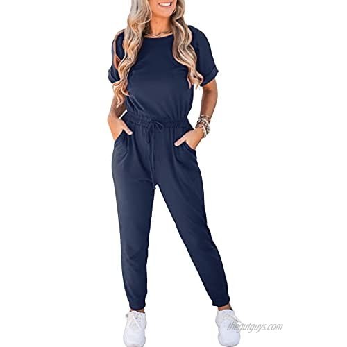 ANRABESS Womens Casual Short Sleeve Jumpsuits Elastic Waist Long Pants Rompers with Pockets