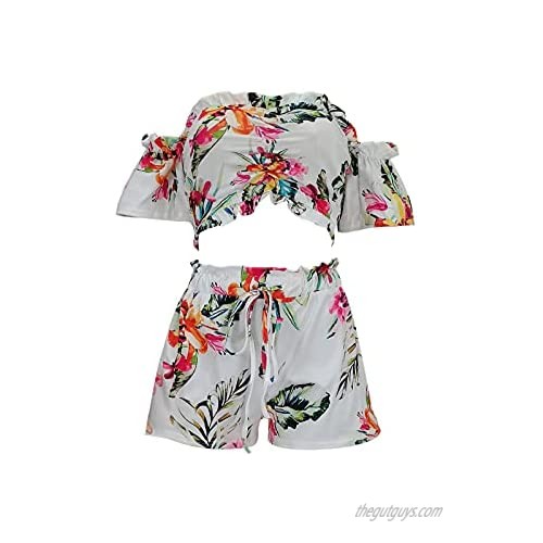 GLIENST Women's 2 Piece Outfits Boho Floral Print Off Shoulder Crop Top and High Waist Short Set