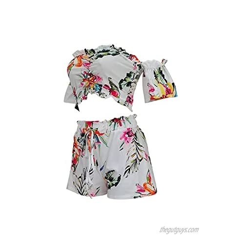GLIENST Women's 2 Piece Outfits Boho Floral Print Off Shoulder Crop Top and High Waist Short Set