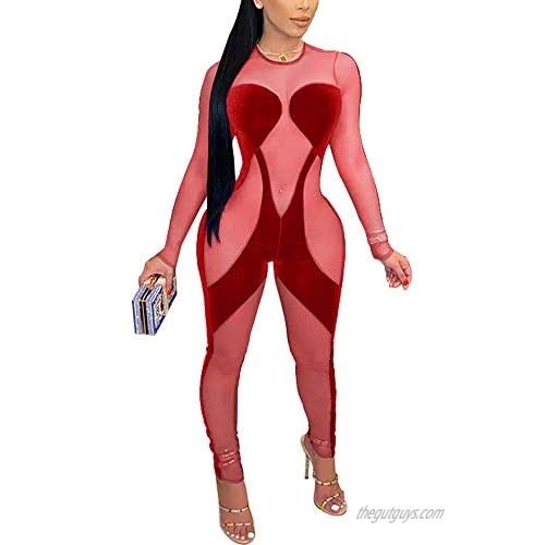 Halfword Women Sexy One Piece Outfit Jumpsuit - Plus Size Mesh Sheer Bodycon Long Sleeve Cut Out Club Party Romper