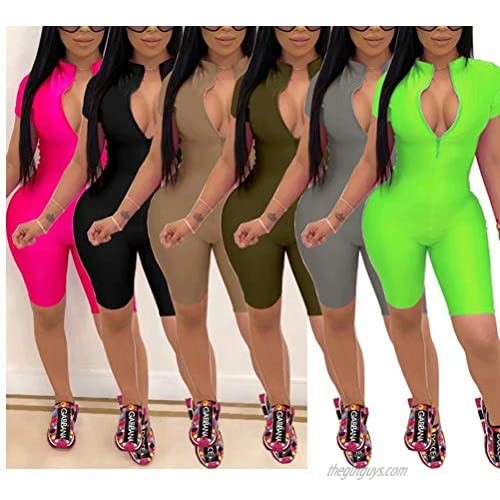 IyMoo Womens Sexy Bodycon Short Sleeve Solid Zipper Rompers Shorts Jumpsuits