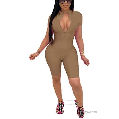 IyMoo Womens Sexy Bodycon Short Sleeve Solid Zipper Rompers Shorts Jumpsuits