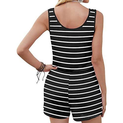 KDTOCC Women's Outfit Sexy Loose Solid Sleeveless Elastic Waist Short Casual Rompers with Pockets W Stripe S