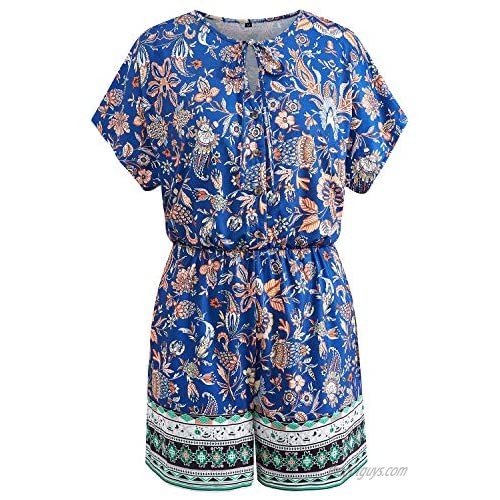 KILIG Women Boho V Neck Summer Floral Print Short Jumpsuit Button Down Elastic Waist Casual Romper with Pockets