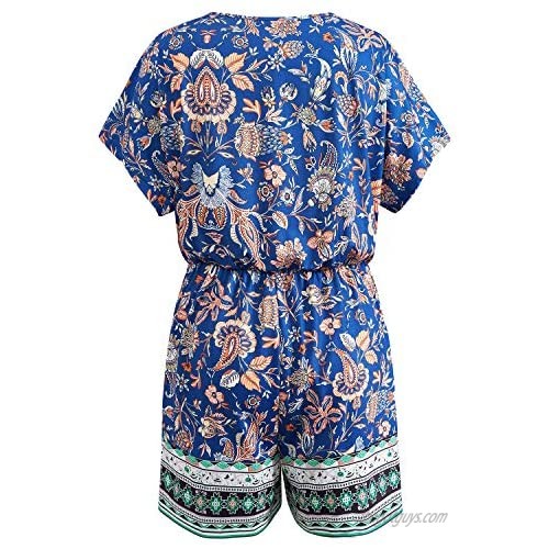 KILIG Women Boho V Neck Summer Floral Print Short Jumpsuit Button Down Elastic Waist Casual Romper with Pockets