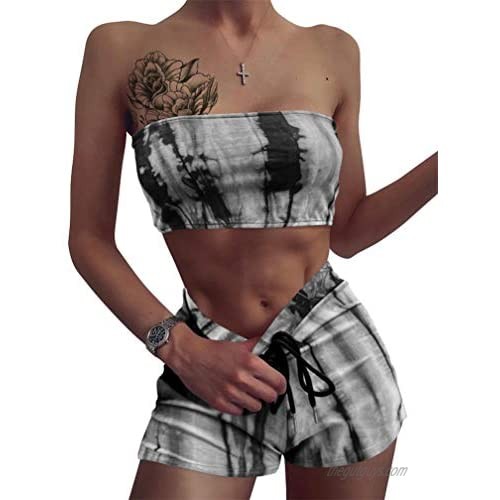 LAGSHIAN Women's Sexy 2 Piece Outfit Sleeveless Drawstring Tube Top Shorts Set