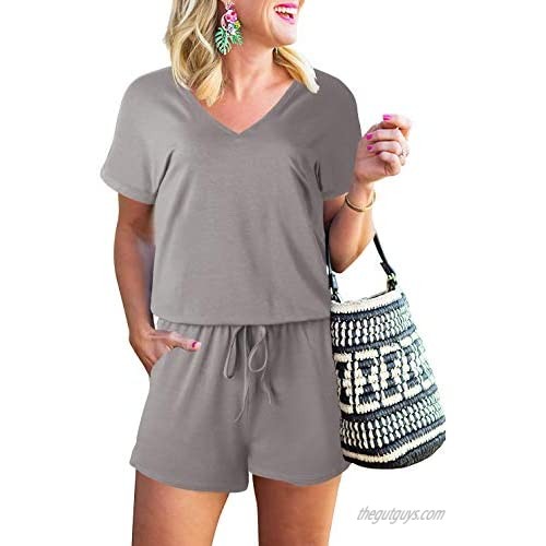 MILLCHIC Women's Summer Casual Loose Jumpsuit V Neck Short Sleeve Elastic Waist Rompers Jumpsuit with Pockets