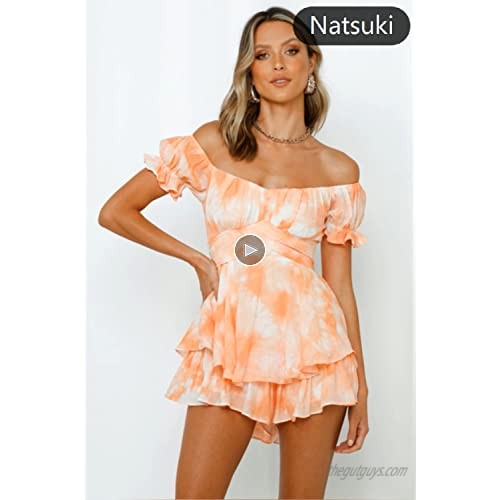 Natsuki Boho Off Shoulder Romper for Women Floral Print Short Jumpsuit Ruffle Hem Mini Dresses