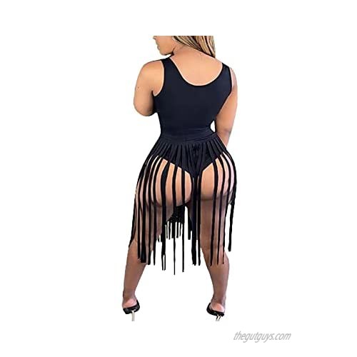 Ophestin Women's Sexy Bodycon Fringe 2 Pieces Suits Beach Cover Ups Tank top and High Split Tassels Midi Skirts Matching Sets