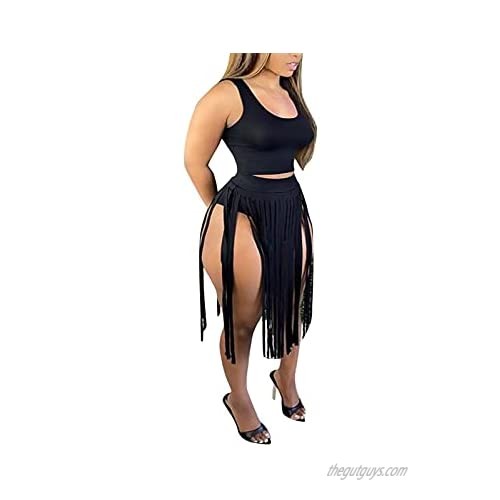Ophestin Women's Sexy Bodycon Fringe 2 Pieces Suits Beach Cover Ups Tank top and High Split Tassels Midi Skirts Matching Sets