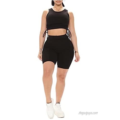 Remelon Womens Sexy Bodycon 2 Piece Outfits Ribbed Tank Drawstring Ruched Crop Top Shorts Set Workout Tracksuits