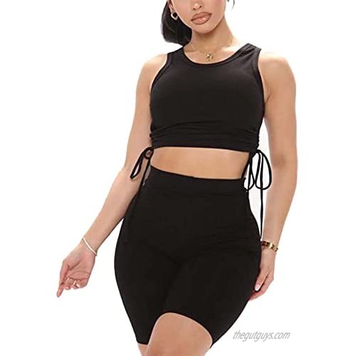 Remelon Womens Sexy Bodycon 2 Piece Outfits Ribbed Tank Drawstring Ruched Crop Top Shorts Set Workout Tracksuits