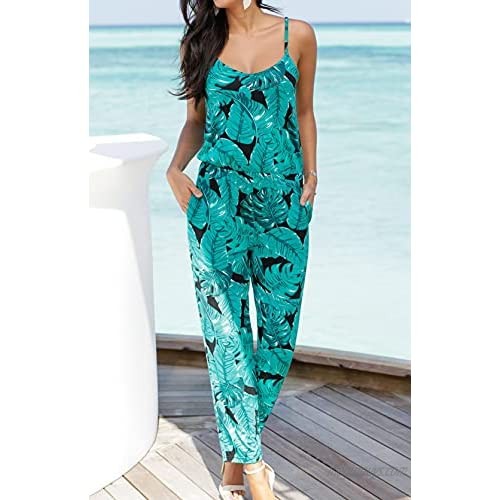 Rixdas Women's Rompers Summer Floral Sleeveless Jumpsuits Casual Strap Long Romper with Pockets
