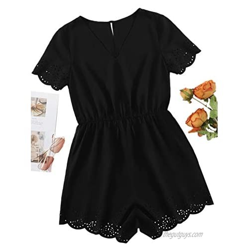 SheIn Women's Casual V Neck Summer Short Sleeve Scallop Cut Out One Piece Romper