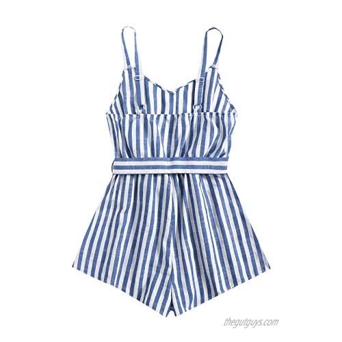 SweatyRocks Women's Button Striped Cami Romper Belted Short Jumpsuit with Pocket