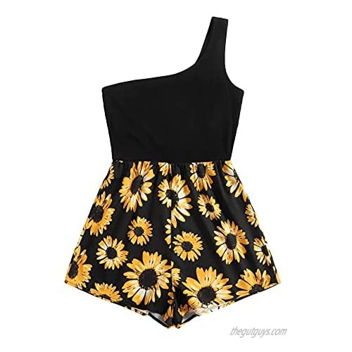 SweatyRocks Women's One Shoulder Romper Floral Print High Waist Short Jumpsuit