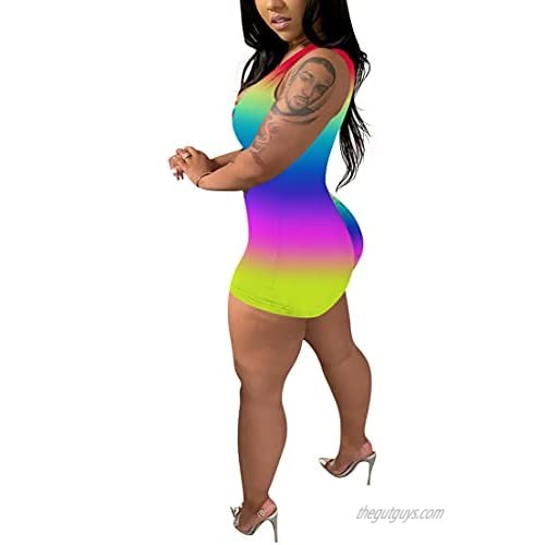 Uni Clau Women Summer Casual One Piece Outfits Short Sleeve Rainbow Stripe Backless Hollow Out Bodycon Romper Jumpsuit