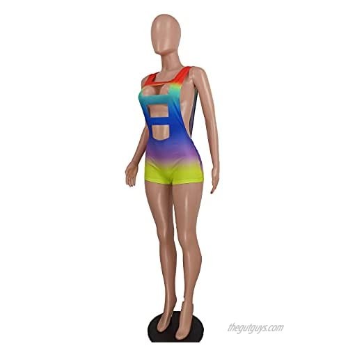 Uni Clau Women Summer Casual One Piece Outfits Short Sleeve Rainbow Stripe Backless Hollow Out Bodycon Romper Jumpsuit