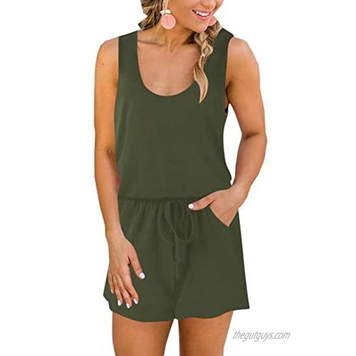 Uonpan Women’s Casual Solid Sleeveless Jumpsuit Crewneck Tie Waist Tank Top Short Romper with Pockets