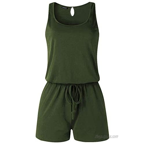 Uonpan Women’s Casual Solid Sleeveless Jumpsuit Crewneck Tie Waist Tank Top Short Romper with Pockets