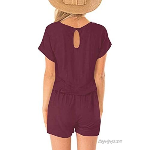 Uonpan Women's Summer Solid Jumpsuit Casual Loose Short Sleeve Jumpsuit Rompers with Pockets Elastic Waist Playsuit