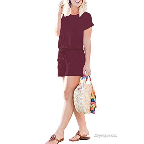 Uonpan Women's Summer Solid Jumpsuit Casual Loose Short Sleeve Jumpsuit Rompers with Pockets Elastic Waist Playsuit