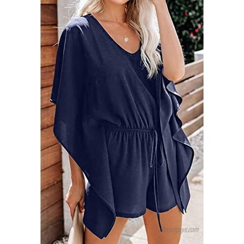 Uusollecy Womens Summer Casual Shorts Jumpsuits V Neck Ruffle Sleeves Shorts Wide Legs Shorts Rompers
