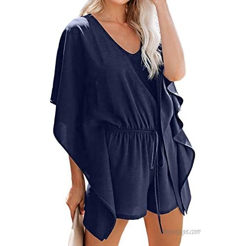 Uusollecy Womens Summer Casual Shorts Jumpsuits V Neck Ruffle Sleeves Shorts Wide Legs Shorts Rompers