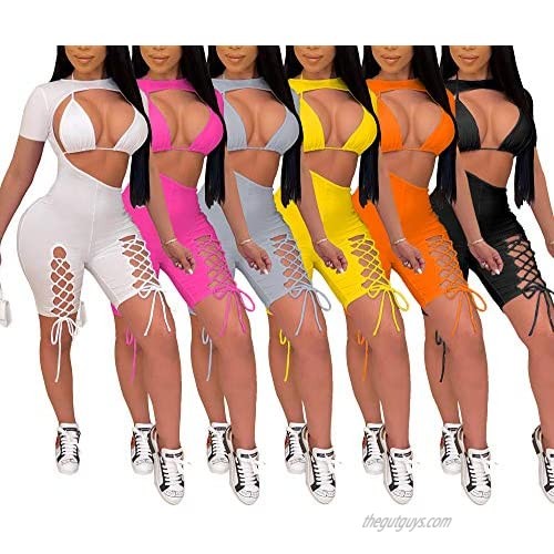 Women Sexy Hollow Out Jumpsuit 2 Piece Adjustable Drawstring Open Front Bra Lace-up Bodycon Shorts Party Clubwear Romper