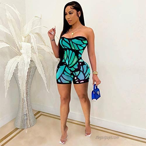 Women Sexy Tube Bodycon Jumpsuit Butterfly Printed One Piece Strapless Short Romper Catsuit
