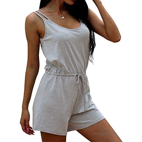 Women's Loose Waist Casual Hollow Lace Sexy Sleeveless Long Solid Romper Jumpsuit with Pockets
